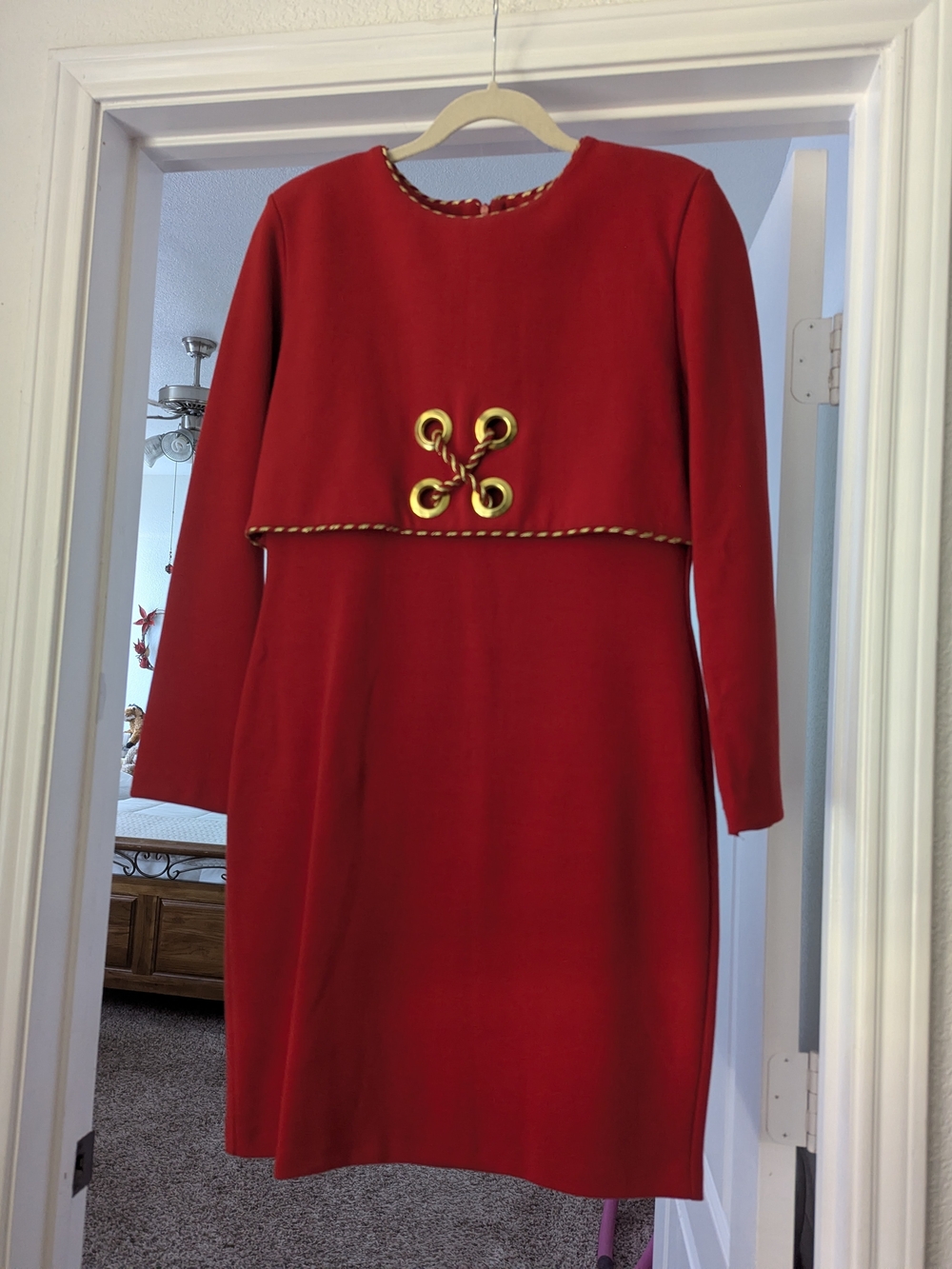 Andrea Jovine Red Long-Sleeve Dress with Gold Eyelet Detail
